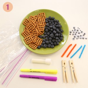Plate with blueberries and pretzels and adjacent to markers, gluestick and clothespins